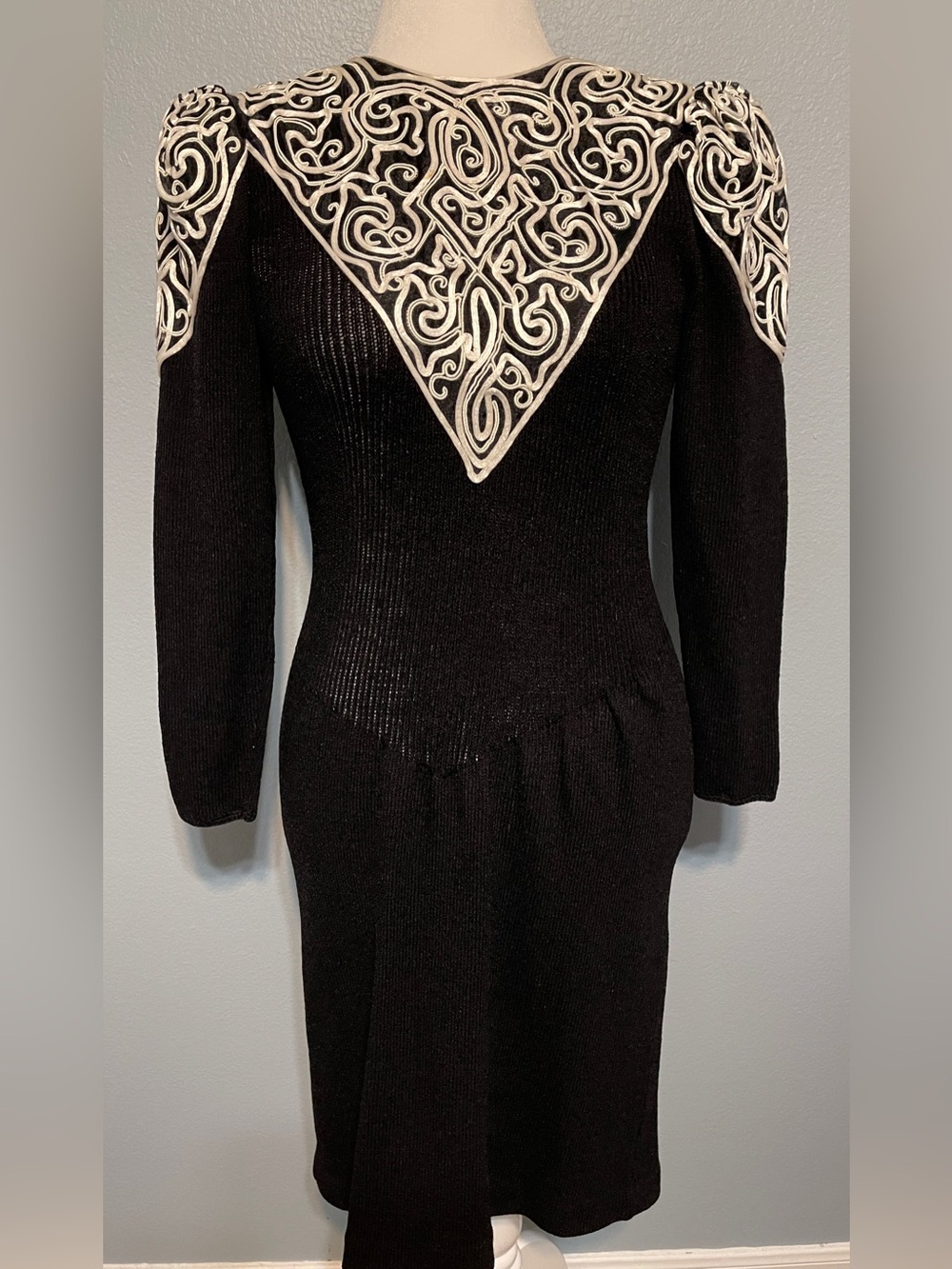 Vintage Pat Sandler Black Knit Sweater Dress Soutache Embroidered 80s Midi Sz 8